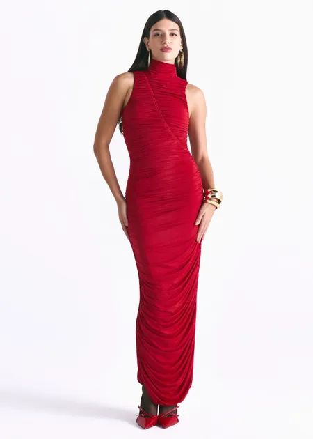 VESTIDO LONGO GOLA ALTA COM DRAPEADOS BEA VERMELHO 