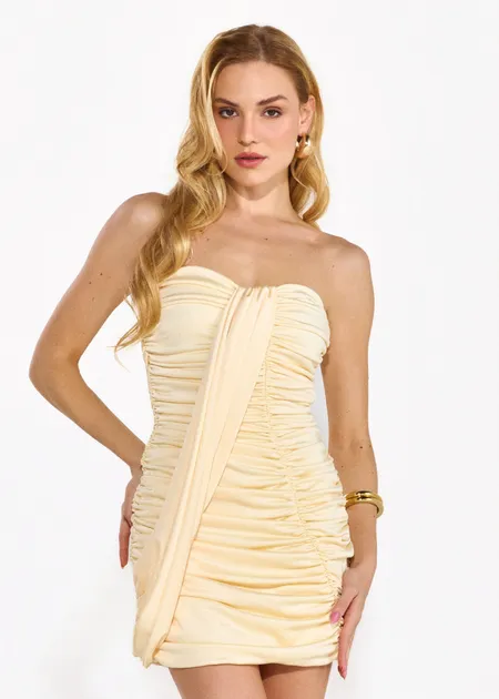 VESTIDO CURTO COM FRANZIDOS ESTRELA AMARELO MANTEIGA