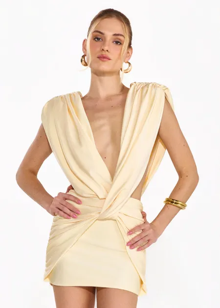 VESTIDO CURTO FRANZIDO TÂNIA AMARELO MANTEIGA