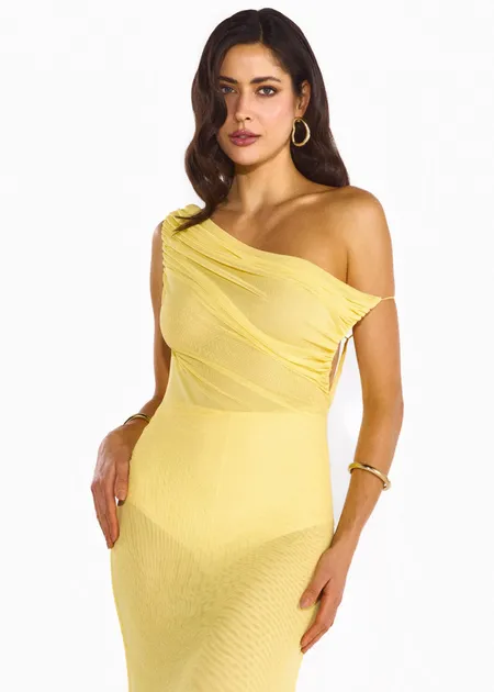 Vestido Longo em Tule  com Saia Franzida de Ombro Único Marina  Amarelo Manteiga