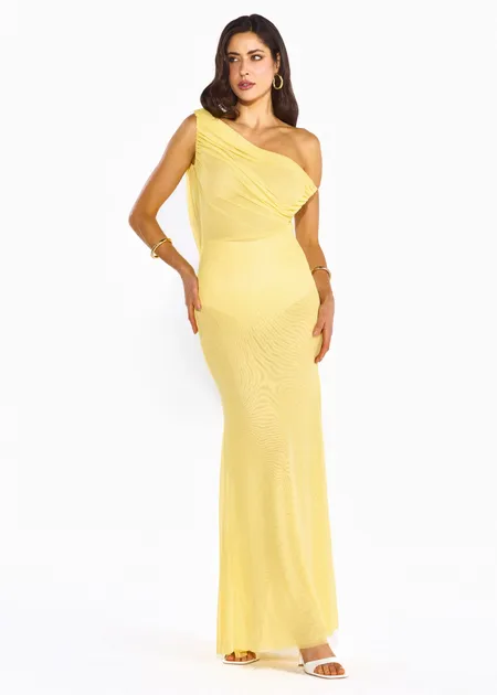 Vestido Longo em Tule com Saia Franzida de Ombro Único Marina Amarelo Manteiga Vestido Longo em Tule com Saia Franzida de Ombro Único Marina Amarelo Manteiga