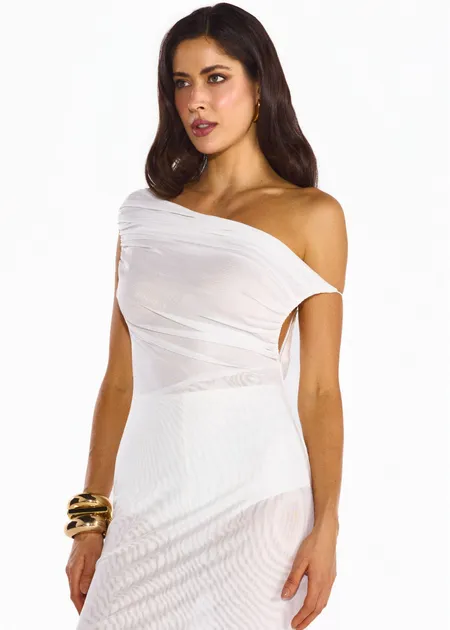 Vestido Longo em Tule  com Saia Franzida de Ombro Único Marina  Off White