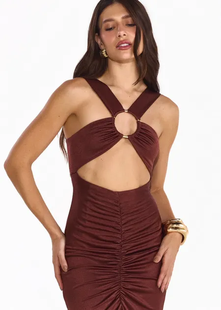 Vestido de Malha Longo com Saia Franzida e Argola no Busto Mari Marrom