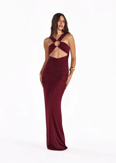 Vestido de Malha Longo com Saia Franzida e Argola no Busto Mari Vinho