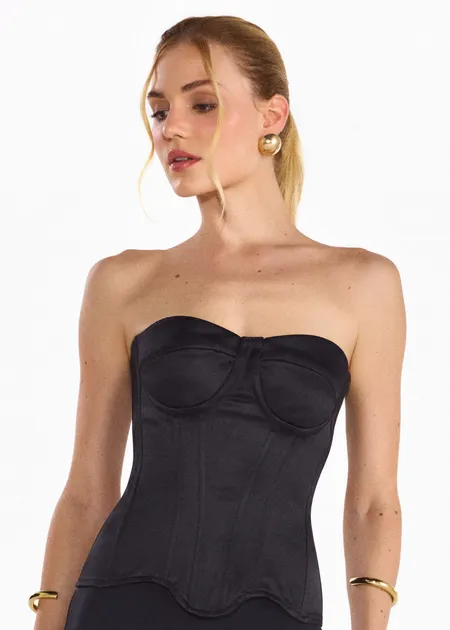 Corset Overbust Acetinado com Fechamento em Zíper Paula Preto
