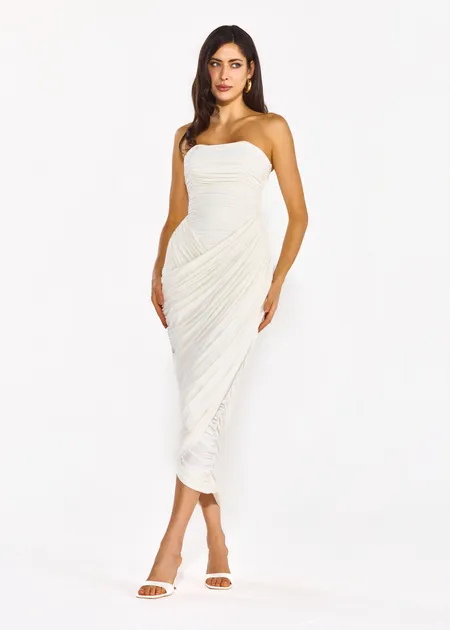 Vestido Midi Sem Alças e Franzido Astromélia Off White