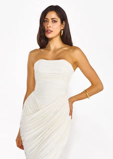 Vestido Midi Sem Alças e Franzido Astromélia Off White