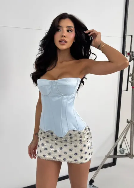 Corset Overbust Acetinado com Fechamento em Zíper Paula Azul 