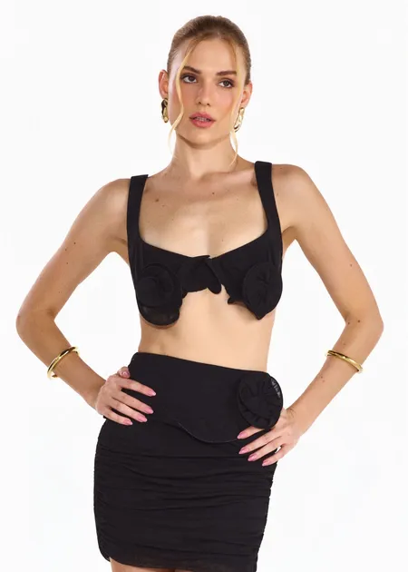 Conjunto de Top e Saia de Tule com Detalhes em Flor Blossom Preto