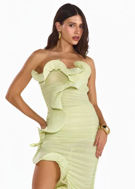 Vestido Longo de Tule Plissado Sem Alças Barbie Verde
