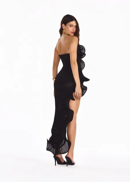 Vestido Longo de Tule Plissado Sem Alças Barbie Preto Vestido Longo de Tule Plissado Sem Alças Barbie Preto