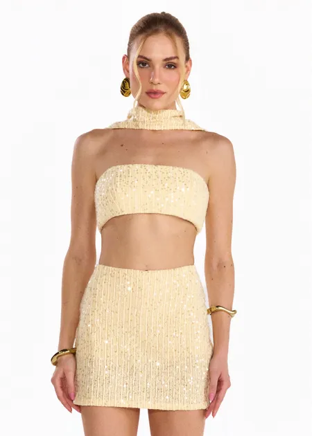 Top de Paetê com Faixa no Pescoço Patty Amarelo Top de Paetê com Faixa no Pescoço Patty Amarelo