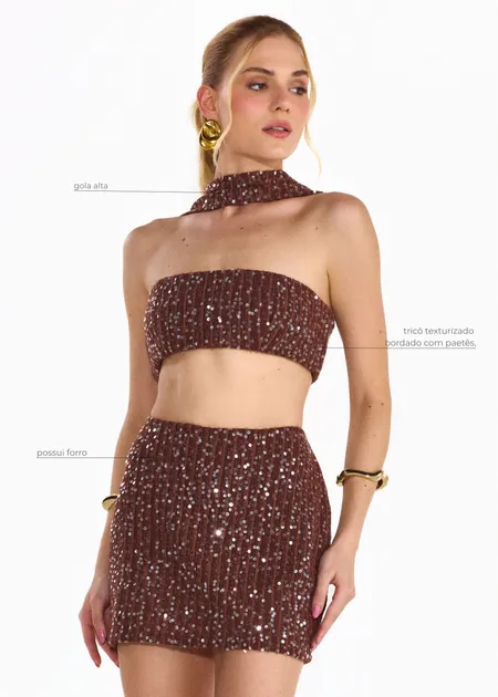 Conjunto Top de Paetê com Shorts Saia de Paetê Patty Marrom Conjunto Top de Paetê com Shorts Saia de Paetê Patty Marrom