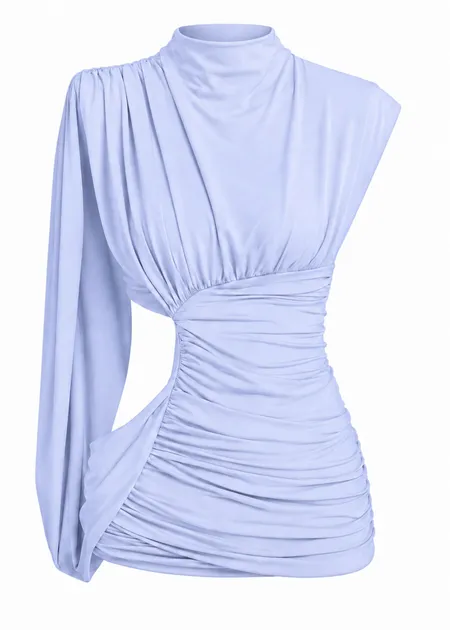 Blusa com Gola Alta e Franzido Lateral Lilo Azul Claro 