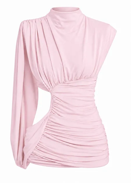 Blusa com Gola Alta e Franzido Lateral Lilo Rosa Claro 