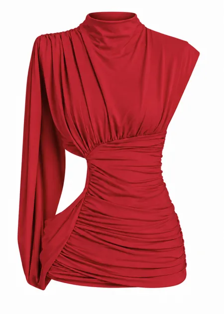 Blusa com Gola Alta e Franzido Lateral LiloVermelho