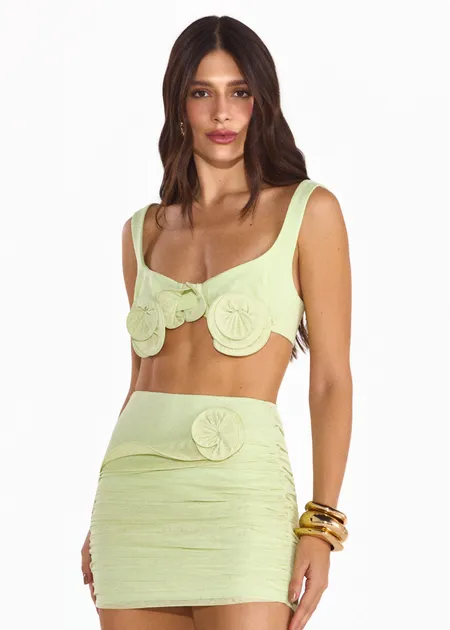 Conjunto de Top e Saia de Tule com Detalhes em Flor Blossom Verde 