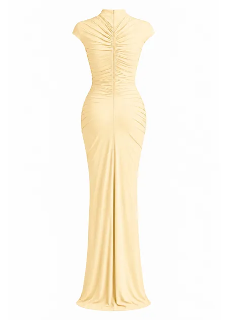 Vestido Longo Gola Alta com Franzido Lateral Pietra Amarelo Manteiga Vestido Longo Gola Alta com Franzido Lateral Pietra Amarelo Manteiga