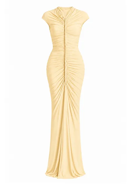 Vestido Longo Gola Alta com Franzido Lateral Pietra Amarelo Manteiga