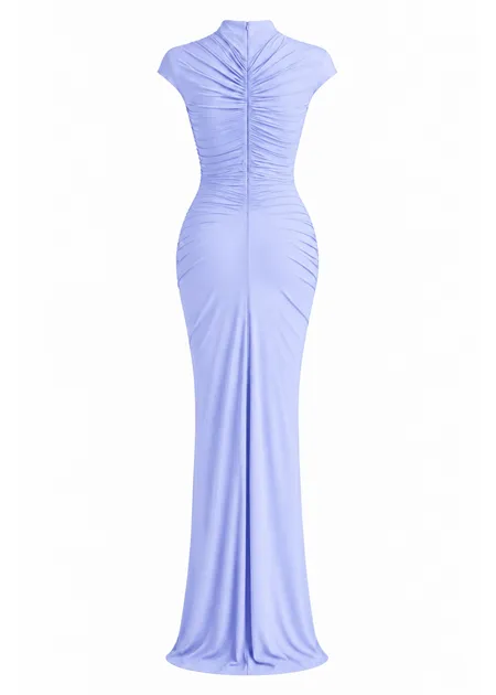 Vestido Longo Gola Alta com Franzido Lateral Pietra Azul Claro Vestido Longo Gola Alta com Franzido Lateral Pietra Azul Claro