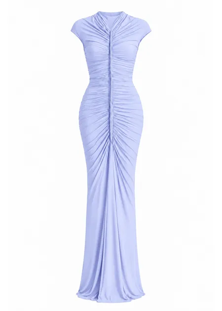 Vestido Longo Gola Alta com Franzido Lateral Pietra Azul Claro
