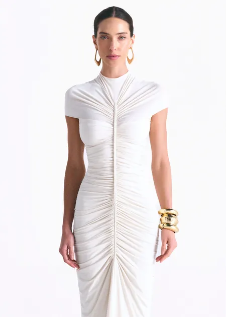 Vestido Longo Gola Alta com Franzido Lateral Pietra Off White