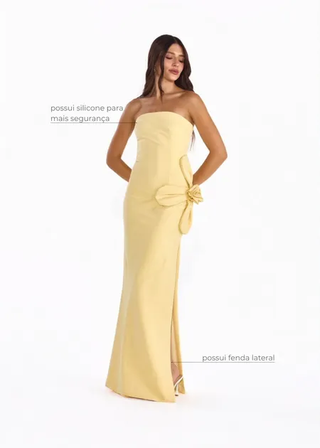 Vestido Longo Sem Alças de Alfaiataria Tyla Amarelo Manteiga