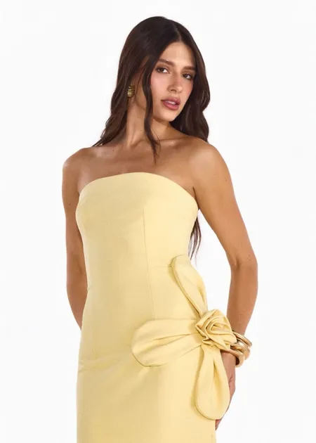 Vestido Longo Sem Alças de Alfaiataria Tyla Amarelo Manteiga
