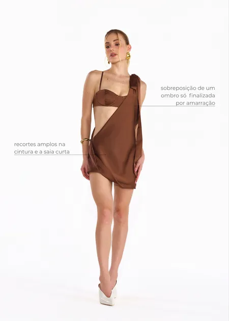 Vestido Curto de Ombro Único com Amarração Roma Marrom 
