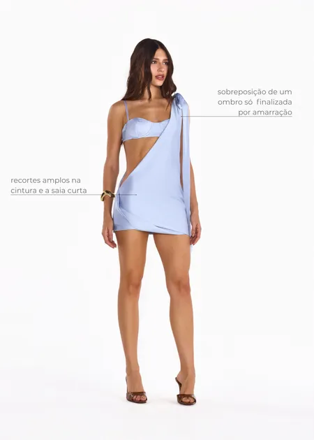 Vestido Curto de Ombro Único com Amarração Roma Azul