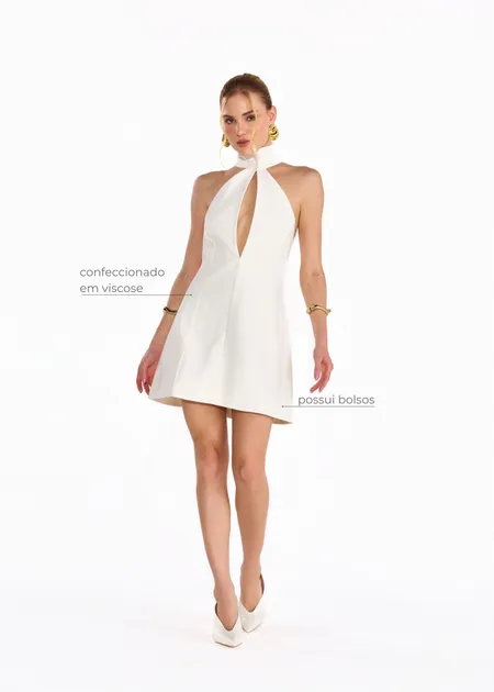 Vestido com Gola Alta e Decote Emanuelle  Branco