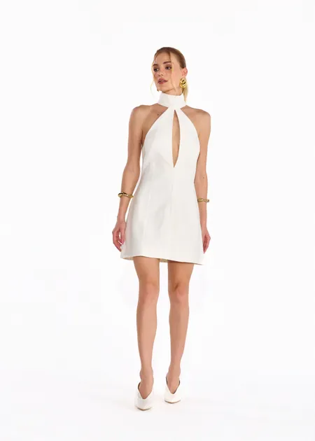 Vestido com Gola Alta e Decote Emanuelle  Branco